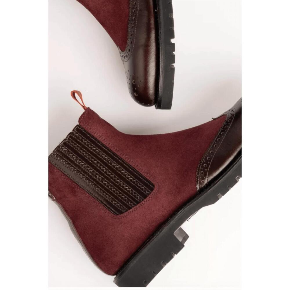 NEW PENELOPE CHILVERS women's oscar brogue-tip wool-lined boots in burgundy sued - Picture 2 of 6